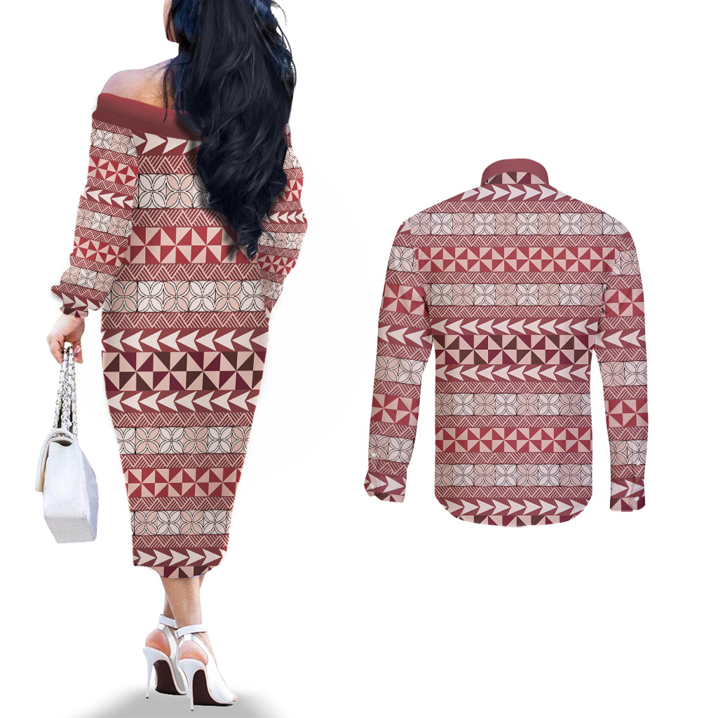 Pasifika Sataoa Pattern Simple Motif Couples Matching Off The Shoulder Long Sleeve Dress and Long Sleeve Button Shirt Cherry LT9 - Polynesian Pride