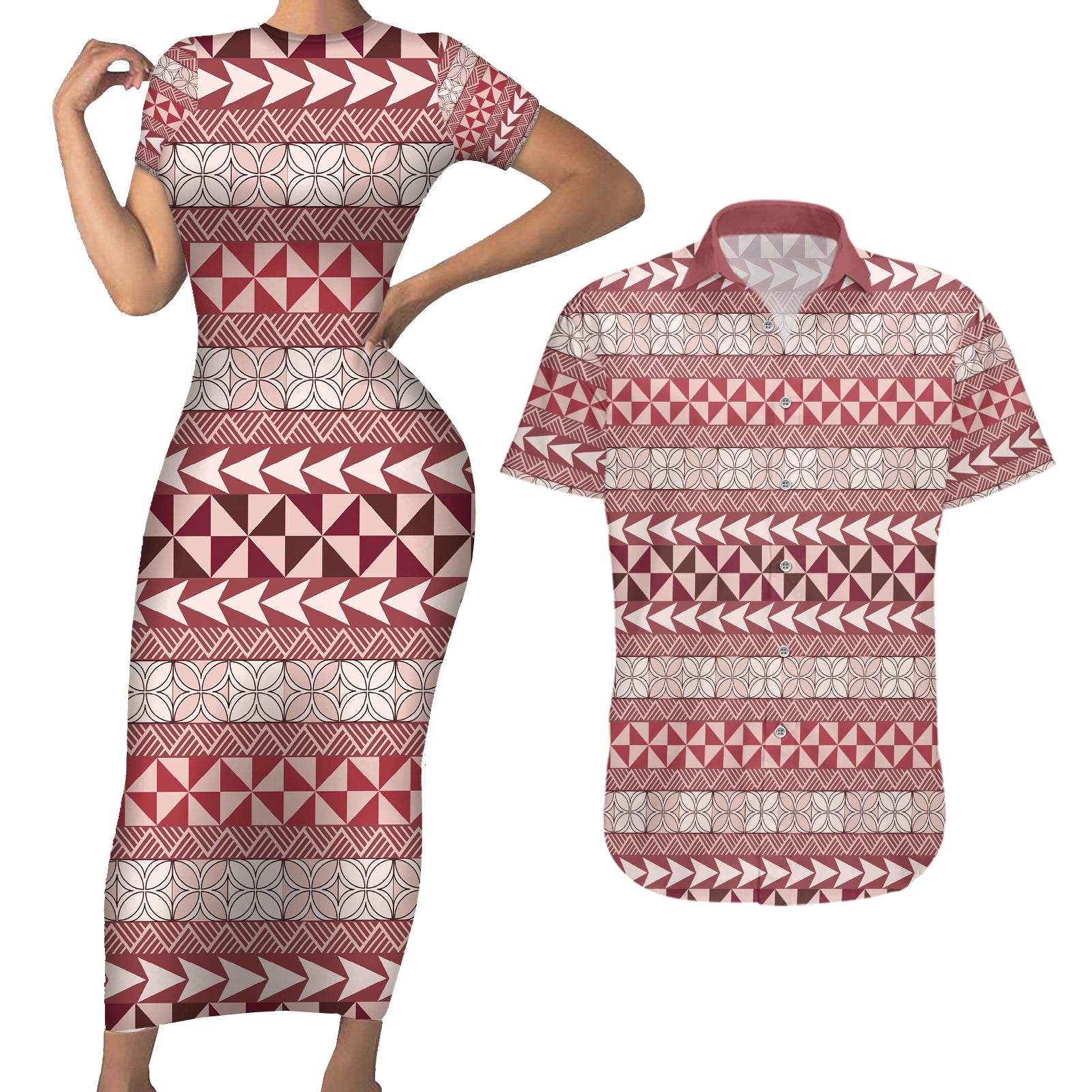 Pasifika Sataoa Pattern Simple Motif Couples Matching Short Sleeve Bodycon Dress and Hawaiian Shirt Cherry LT9 Cherry - Polynesian Pride