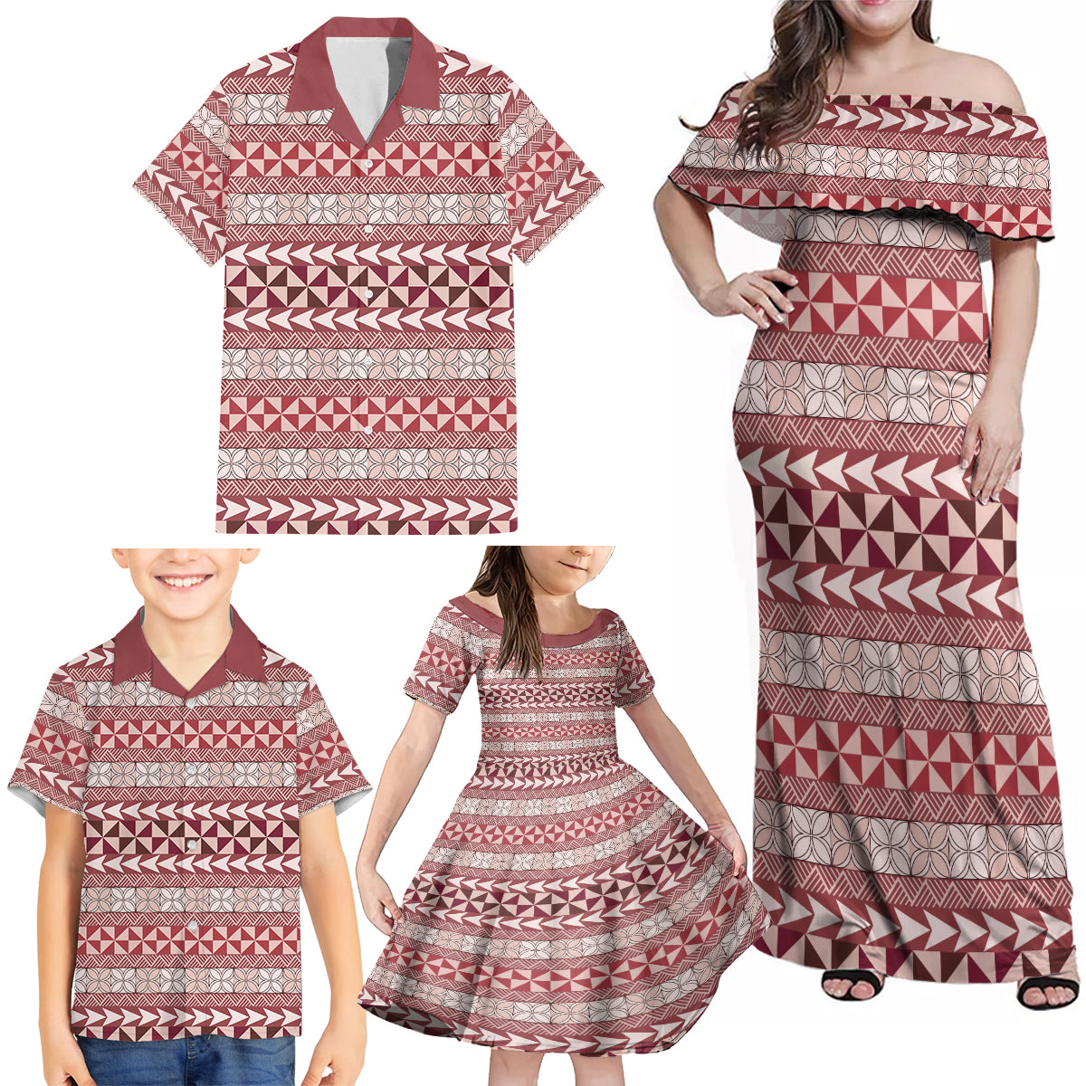 Pasifika Sataoa Pattern Simple Motif Family Matching Off Shoulder Maxi Dress and Hawaiian Shirt Cherry LT9 - Polynesian Pride