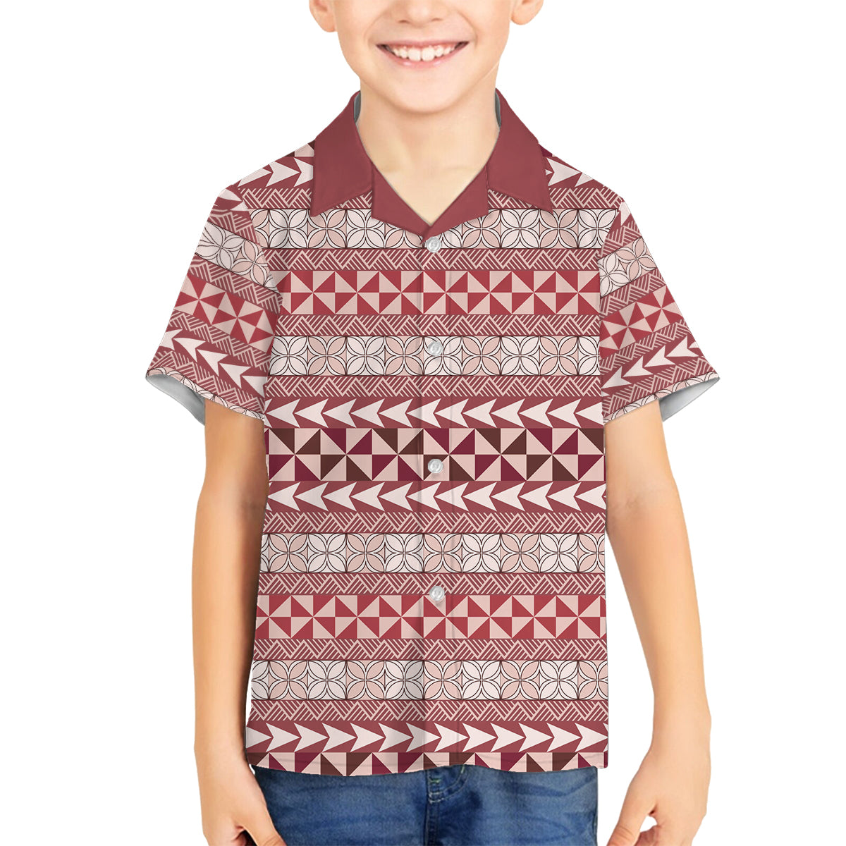 Pasifika Sataoa Pattern Simple Motif Family Matching Off Shoulder Short Dress and Hawaiian Shirt Cherry LT9 Son's Shirt Cherry - Polynesian Pride