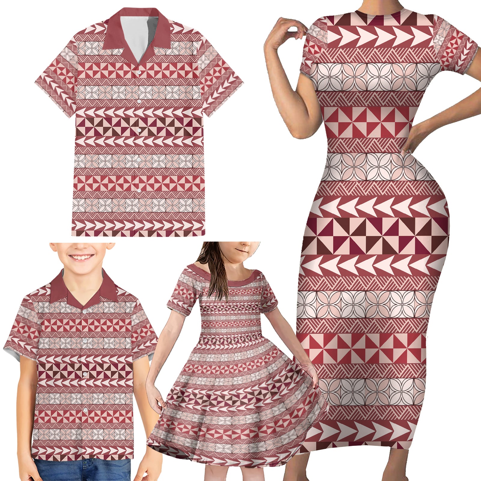 Pasifika Sataoa Pattern Simple Motif Family Matching Short Sleeve Bodycon Dress and Hawaiian Shirt Cherry LT9 - Polynesian Pride