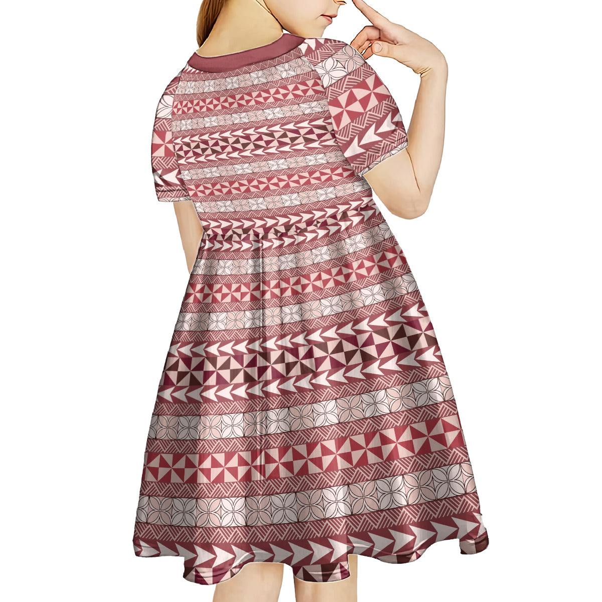Pasifika Sataoa Pattern Simple Motif Kid Short Sleeve Dress Cherry LT9 - Polynesian Pride
