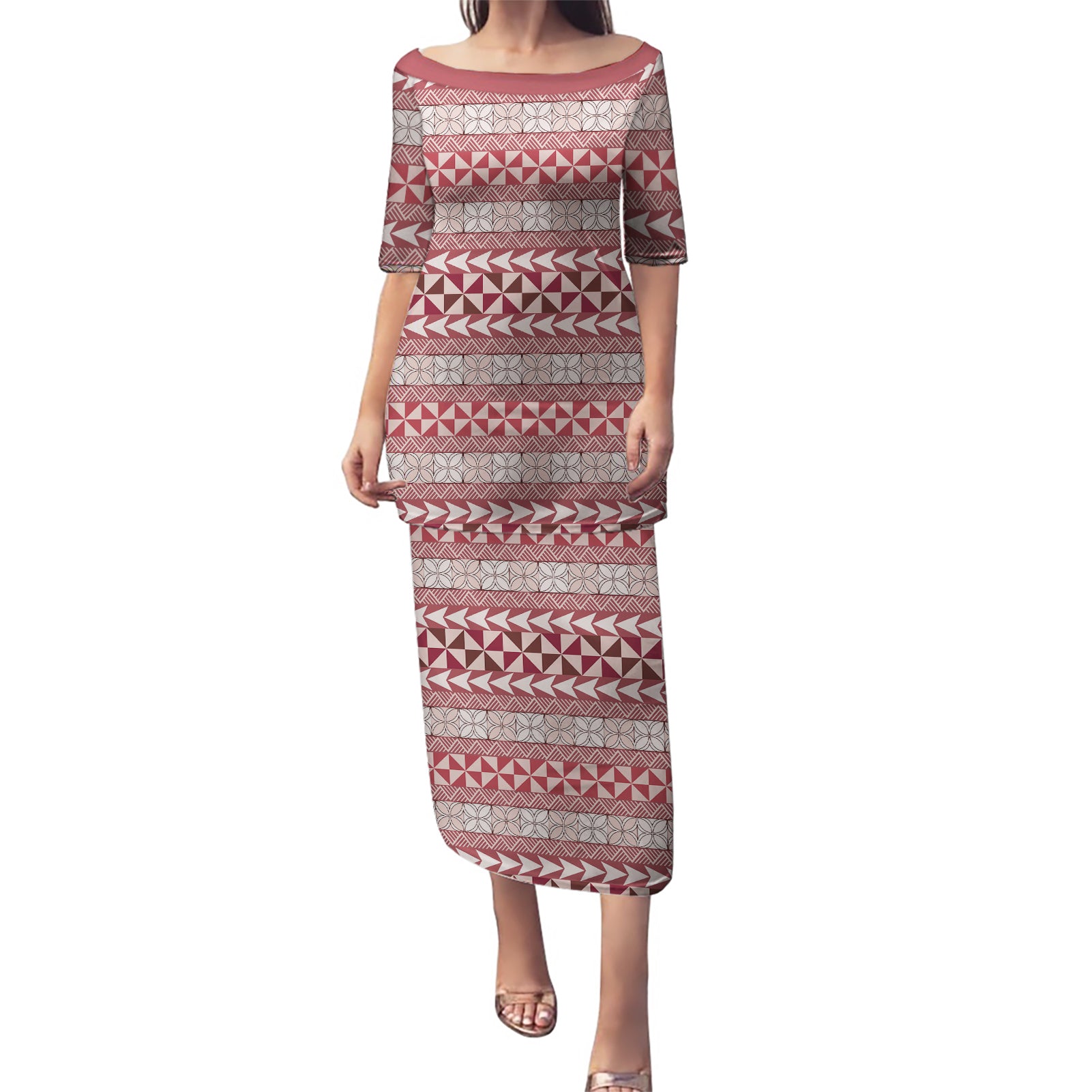 Pasifika Sataoa Pattern Simple Motif Puletasi Cherry LT9 Long Dress Cherry - Polynesian Pride