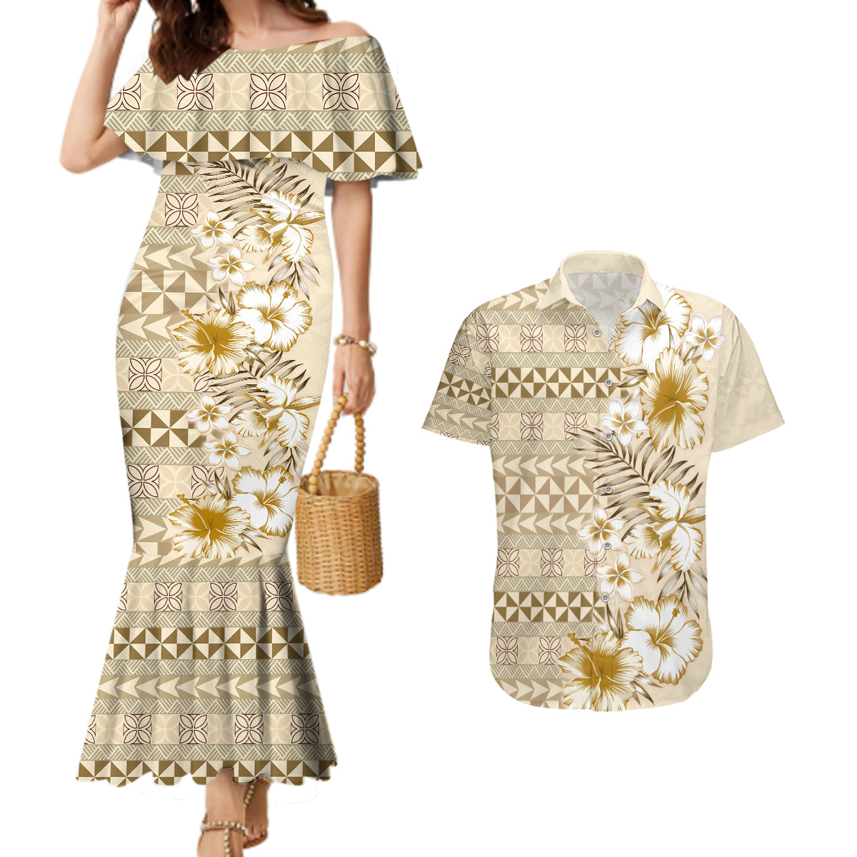 Pasifika Sataoa Pattern Plumeria Vintage Couples Matching Mermaid Dress and Hawaiian Shirt Beige Tan LT9 Beige Tan - Polynesian Pride
