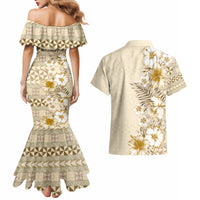Pasifika Sataoa Pattern Plumeria Vintage Couples Matching Mermaid Dress and Hawaiian Shirt Beige Tan LT9 - Polynesian Pride