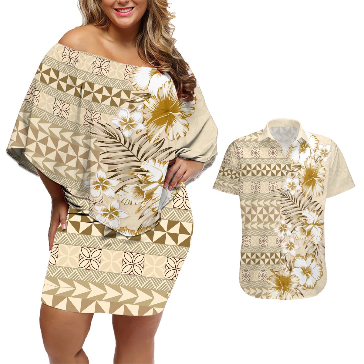 Pasifika Sataoa Pattern Plumeria Vintage Couples Matching Off Shoulder Short Dress and Hawaiian Shirt Beige Tan LT9 Beige Tan - Polynesian Pride