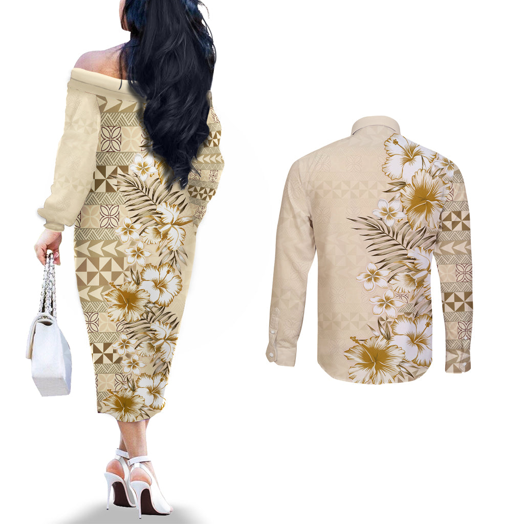 Pasifika Sataoa Pattern Plumeria Vintage Couples Matching Off The Shoulder Long Sleeve Dress and Long Sleeve Button Shirt Beige Tan LT9 - Polynesian Pride