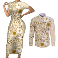 Pasifika Sataoa Pattern Plumeria Vintage Couples Matching Short Sleeve Bodycon Dress and Long Sleeve Button Shirt Beige Tan LT9 Beige Tan - Polynesian Pride