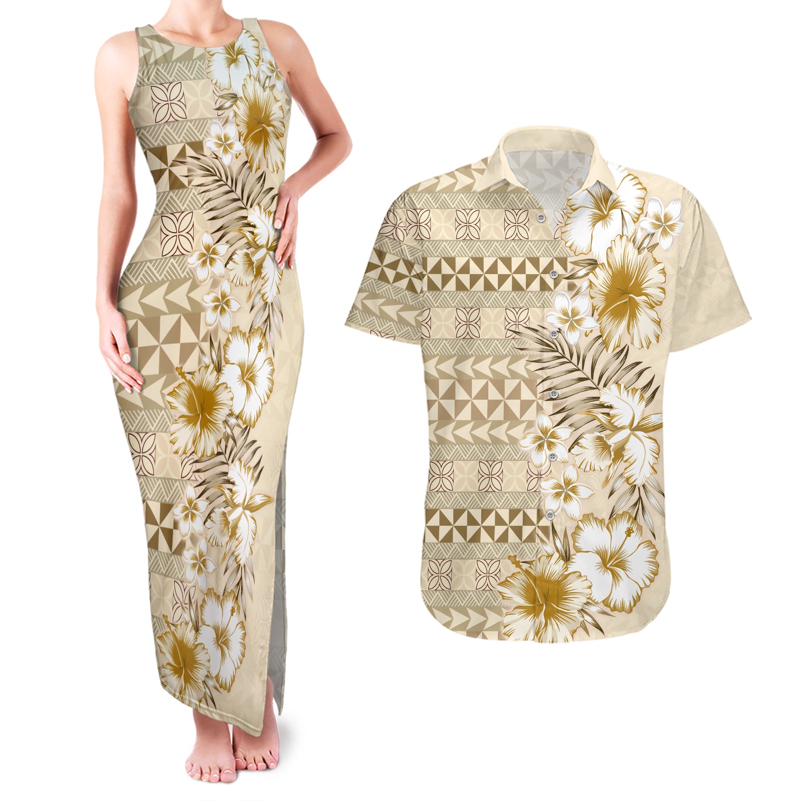 Pasifika Sataoa Pattern Plumeria Vintage Couples Matching Tank Maxi Dress and Hawaiian Shirt Beige Tan LT9 Beige Tan - Polynesian Pride