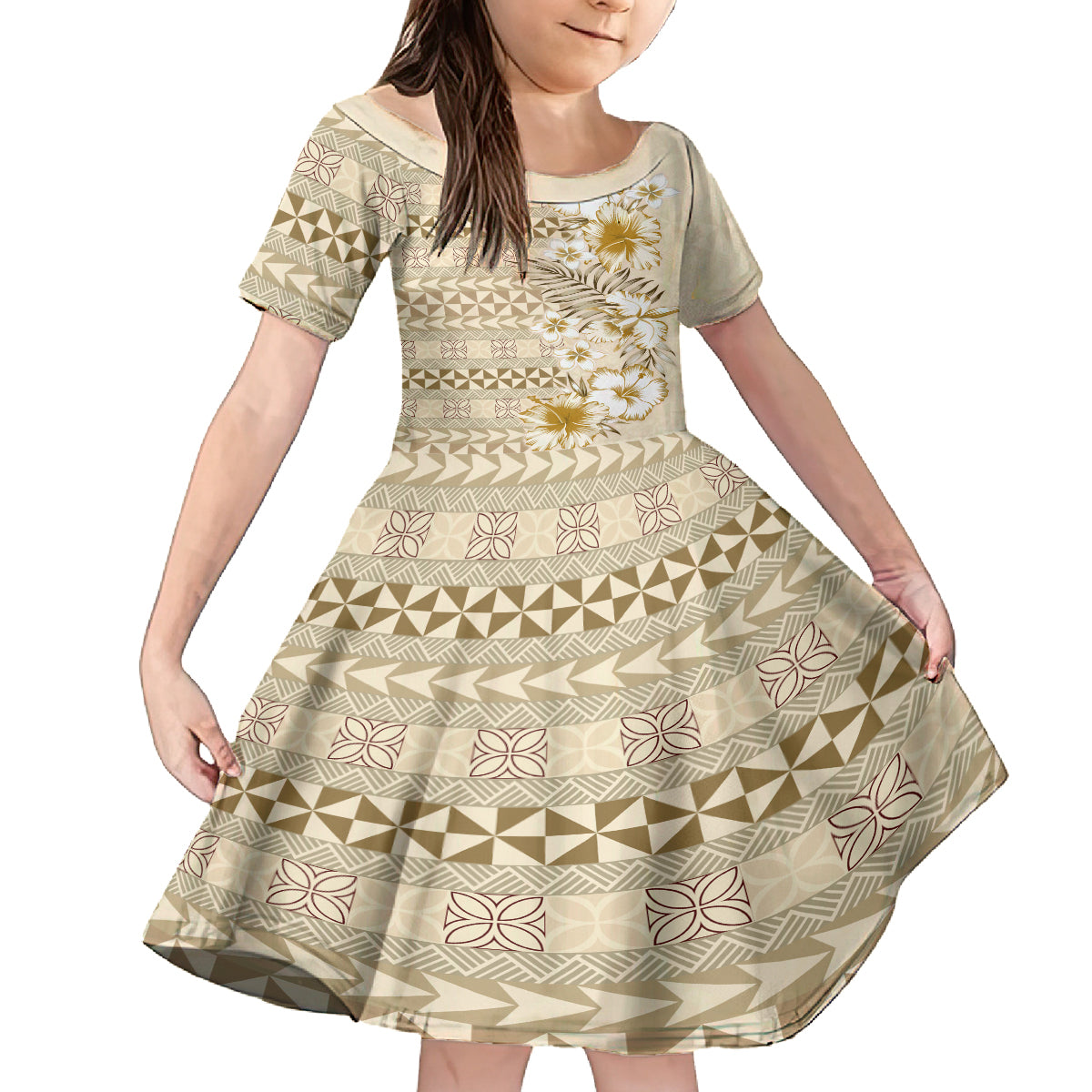 Pasifika Sataoa Pattern Plumeria Vintage Family Matching Long Sleeve Bodycon Dress and Hawaiian Shirt Beige Tan LT9 Daughter's Dress Beige Tan - Polynesian Pride