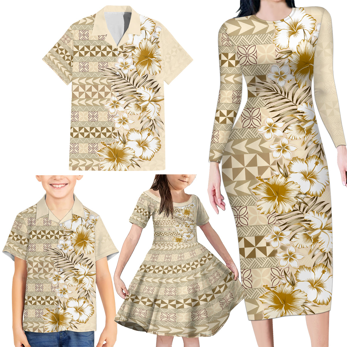 Pasifika Sataoa Pattern Plumeria Vintage Family Matching Long Sleeve Bodycon Dress and Hawaiian Shirt Beige Tan LT9 - Polynesian Pride