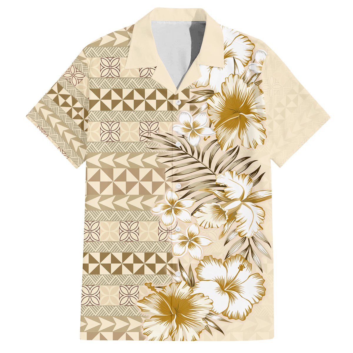 Pasifika Sataoa Pattern Plumeria Vintage Family Matching Long Sleeve Bodycon Dress and Hawaiian Shirt Beige Tan LT9 Dad's Shirt - Short Sleeve Beige Tan - Polynesian Pride