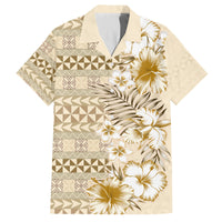 Pasifika Sataoa Pattern Plumeria Vintage Family Matching Long Sleeve Bodycon Dress and Hawaiian Shirt Beige Tan LT9 Dad's Shirt - Short Sleeve Beige Tan - Polynesian Pride