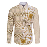 Pasifika Sataoa Pattern Plumeria Vintage Family Matching Long Sleeve Bodycon Dress and Hawaiian Shirt Beige Tan LT9 Dad's Shirt - Long Sleeve Beige Tan - Polynesian Pride