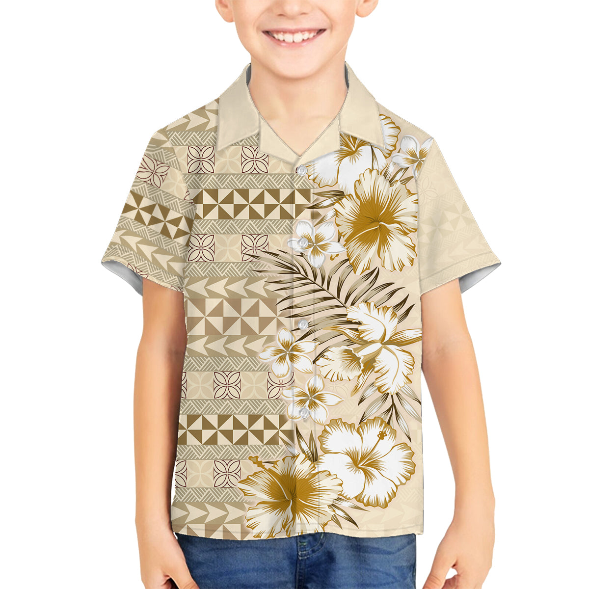 Pasifika Sataoa Pattern Plumeria Vintage Family Matching Long Sleeve Bodycon Dress and Hawaiian Shirt Beige Tan LT9 Son's Shirt Beige Tan - Polynesian Pride