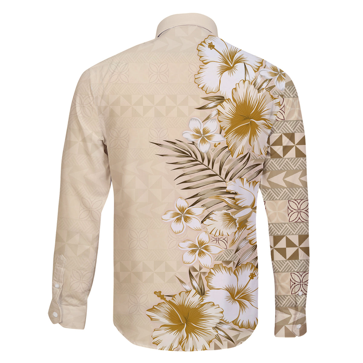 Pasifika Sataoa Pattern Plumeria Vintage Family Matching Off Shoulder Long Sleeve Dress and Hawaiian Shirt Beige Tan LT9 - Polynesian Pride