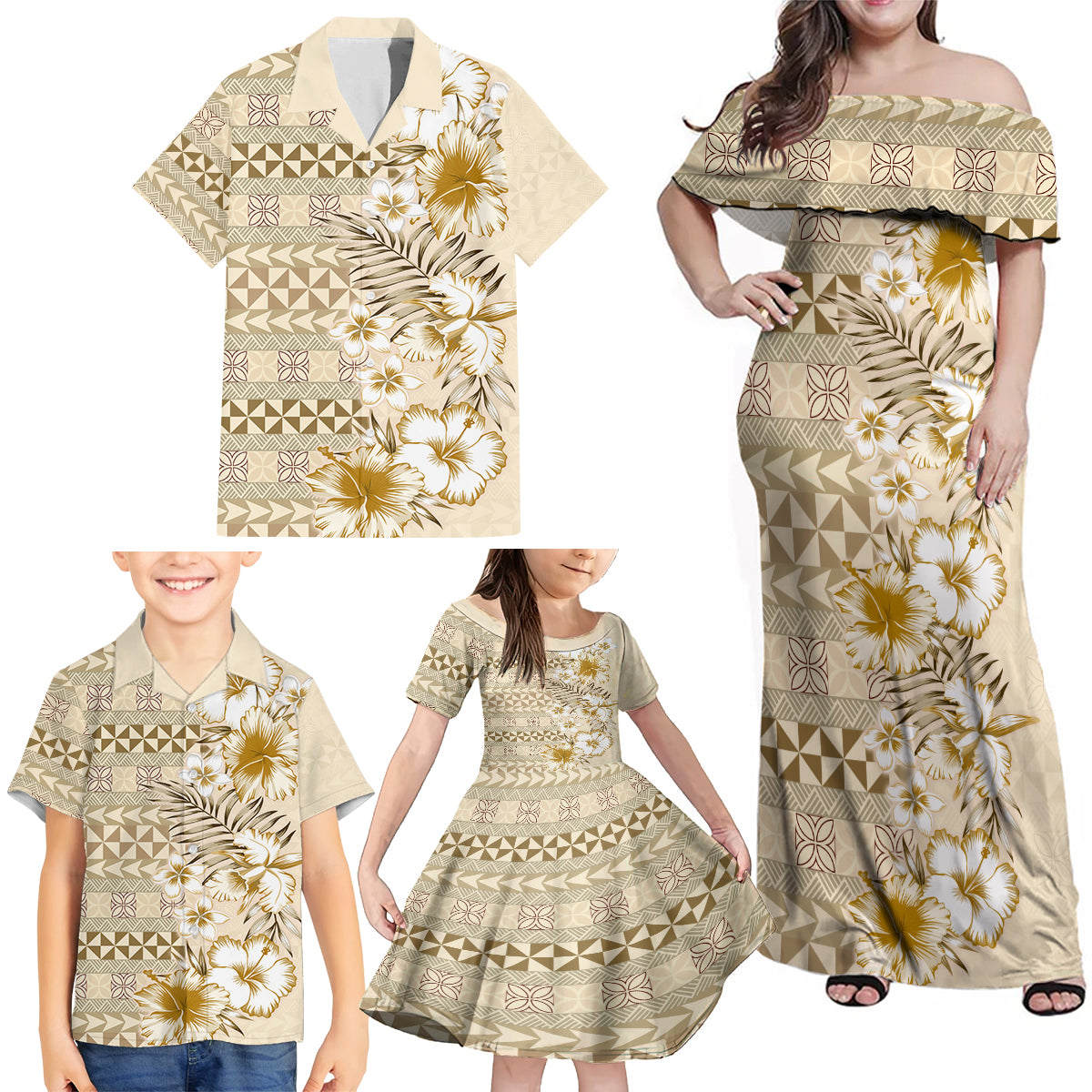 Pasifika Sataoa Pattern Plumeria Vintage Family Matching Off Shoulder Maxi Dress and Hawaiian Shirt Beige Tan LT9 - Polynesian Pride