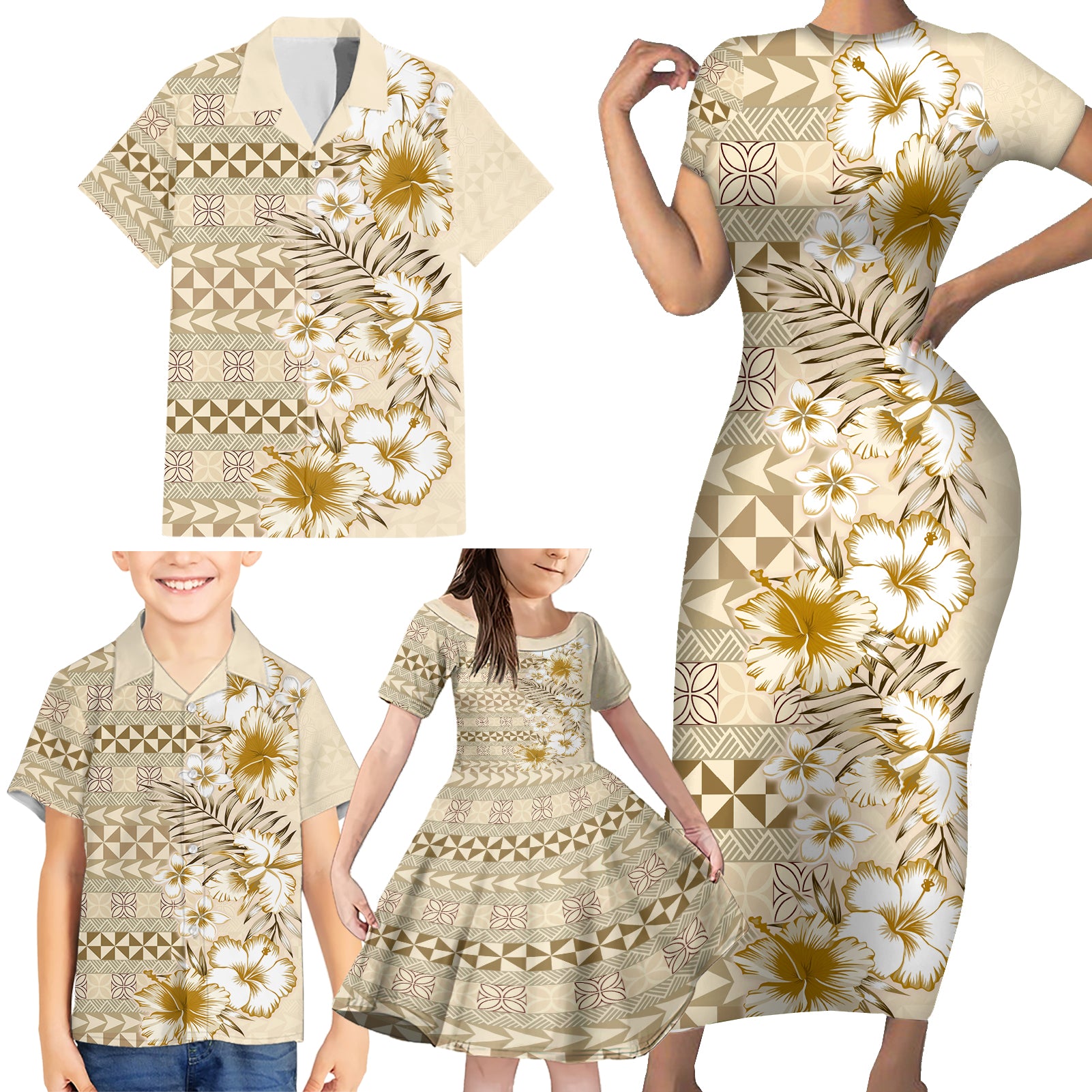 Pasifika Sataoa Pattern Plumeria Vintage Family Matching Short Sleeve Bodycon Dress and Hawaiian Shirt Beige Tan LT9 - Polynesian Pride