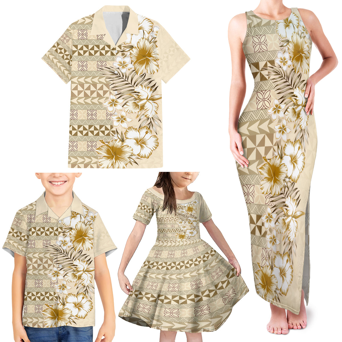 Pasifika Sataoa Pattern Plumeria Vintage Family Matching Tank Maxi Dress and Hawaiian Shirt Beige Tan LT9 - Polynesian Pride