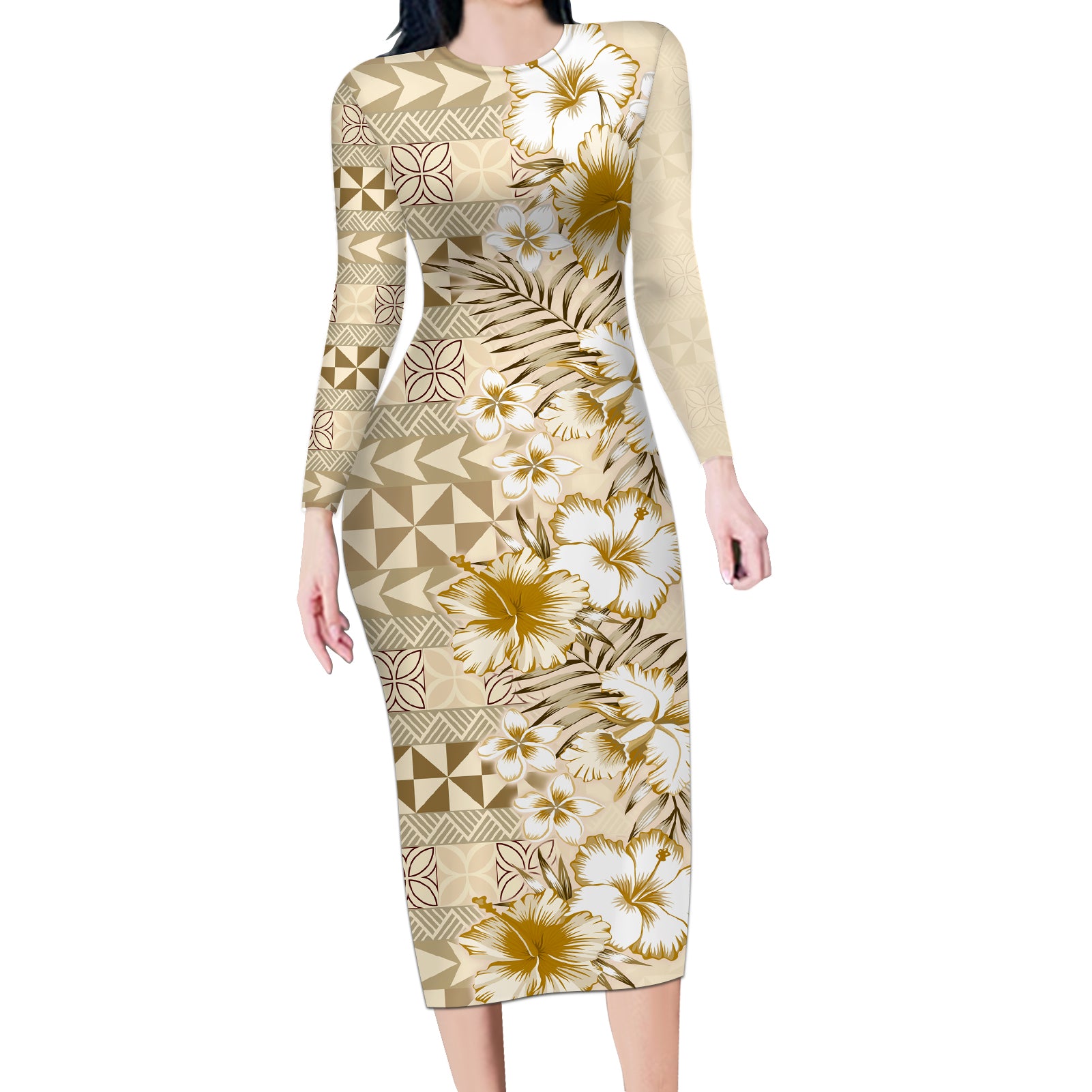 Pasifika Sataoa Pattern Plumeria Vintage Long Sleeve Bodycon Dress Beige Tan LT9 Long Dress Beige Tan - Polynesian Pride