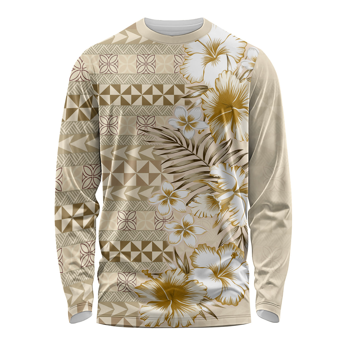 Pasifika Sataoa Pattern Plumeria Vintage Long Sleeve Shirt Beige Tan LT9 Unisex Beige Tan - Polynesian Pride