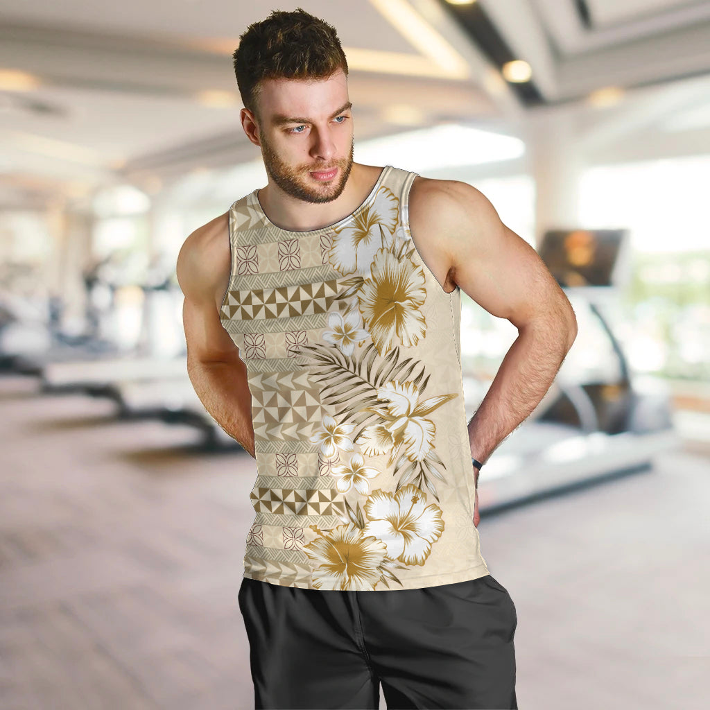 Pasifika Sataoa Pattern Plumeria Vintage Men Tank Top Beige Tan LT9 Beige Tan - Polynesian Pride