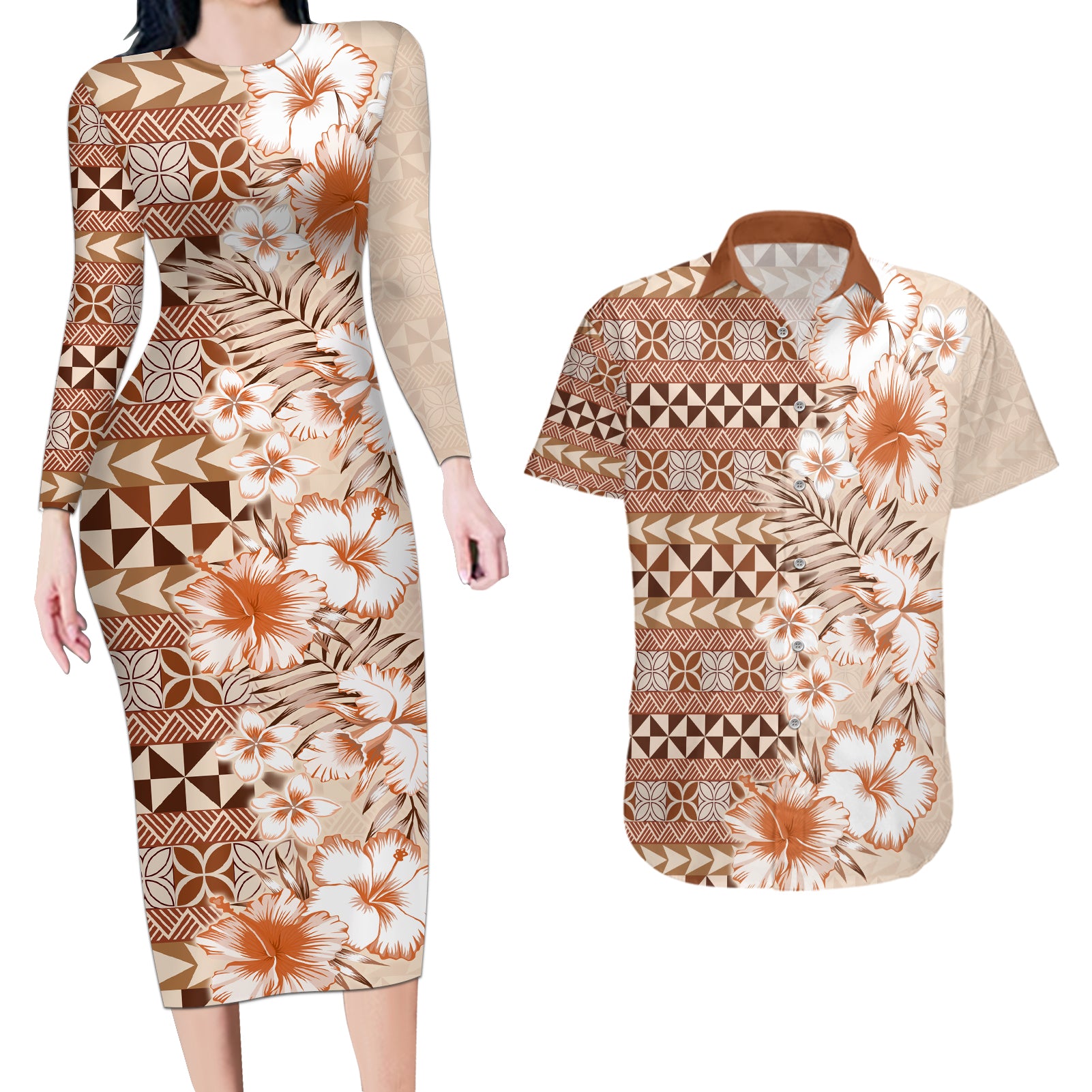 Pasifika Sataoa Pattern Plumeria Vintage Couples Matching Long Sleeve Bodycon Dress and Hawaiian Shirt Brown Beige Tan LT9 Brown - Polynesian Pride