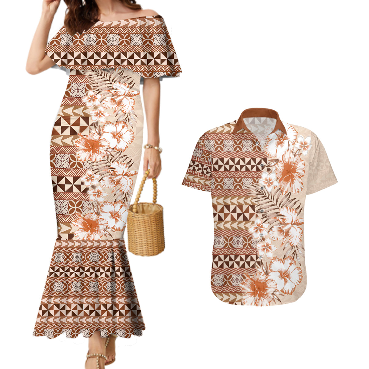 Pasifika Sataoa Pattern Plumeria Vintage Couples Matching Mermaid Dress and Hawaiian Shirt Brown Beige Tan LT9 Brown - Polynesian Pride