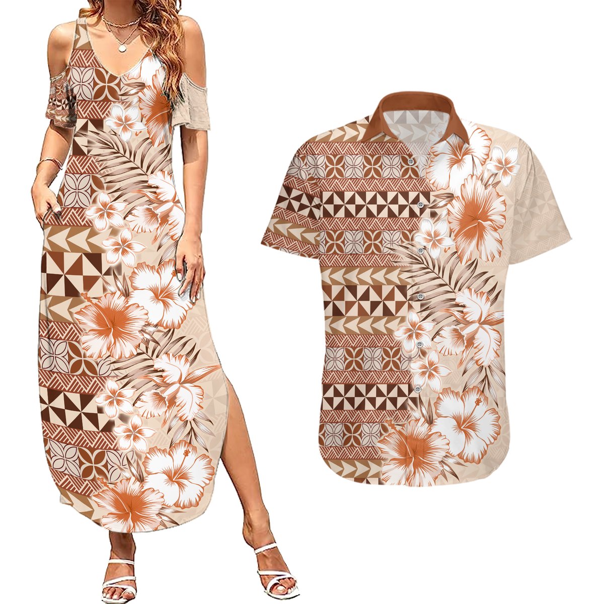 Pasifika Sataoa Pattern Plumeria Vintage Couples Matching Summer Maxi Dress and Hawaiian Shirt Brown Beige Tan LT9 Brown - Polynesian Pride