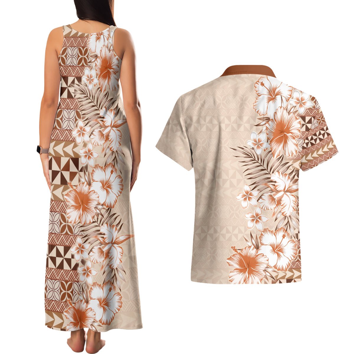 Pasifika Sataoa Pattern Plumeria Vintage Couples Matching Tank Maxi Dress and Hawaiian Shirt Brown Beige Tan LT9 - Polynesian Pride