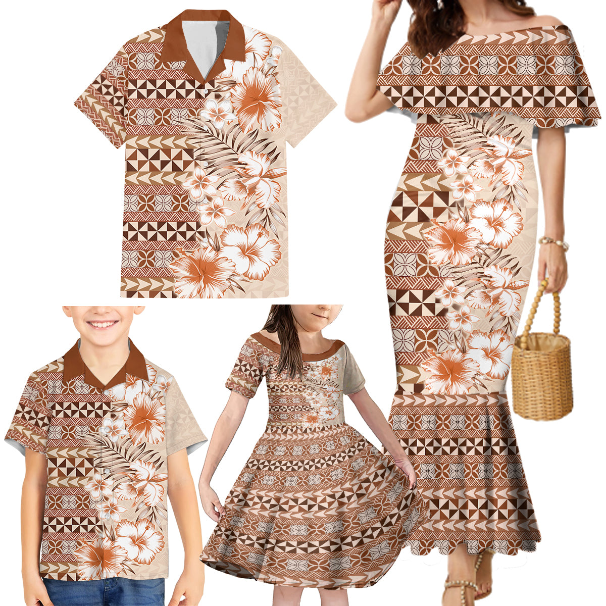 Pasifika Sataoa Pattern Plumeria Vintage Family Matching Mermaid Dress and Hawaiian Shirt Brown Beige Tan LT9 - Polynesian Pride