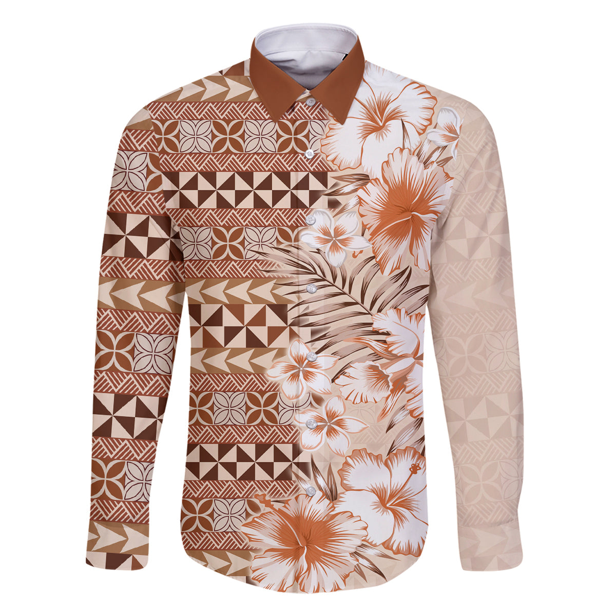 Pasifika Sataoa Pattern Plumeria Vintage Family Matching Mermaid Dress and Hawaiian Shirt Brown Beige Tan LT9 Dad's Shirt - Long Sleeve Brown - Polynesian Pride