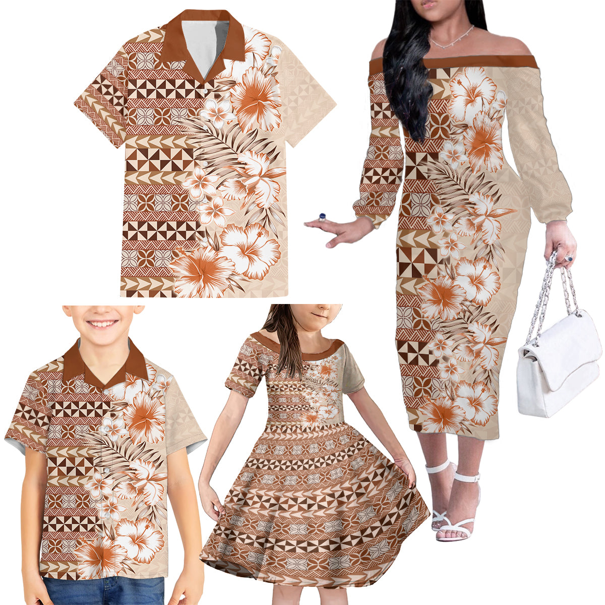 Pasifika Sataoa Pattern Plumeria Vintage Family Matching Off Shoulder Long Sleeve Dress and Hawaiian Shirt Brown Beige Tan LT9 - Polynesian Pride