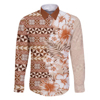 Pasifika Sataoa Pattern Plumeria Vintage Family Matching Off Shoulder Maxi Dress and Hawaiian Shirt Brown Beige Tan LT9 Dad's Shirt - Long Sleeve Brown - Polynesian Pride