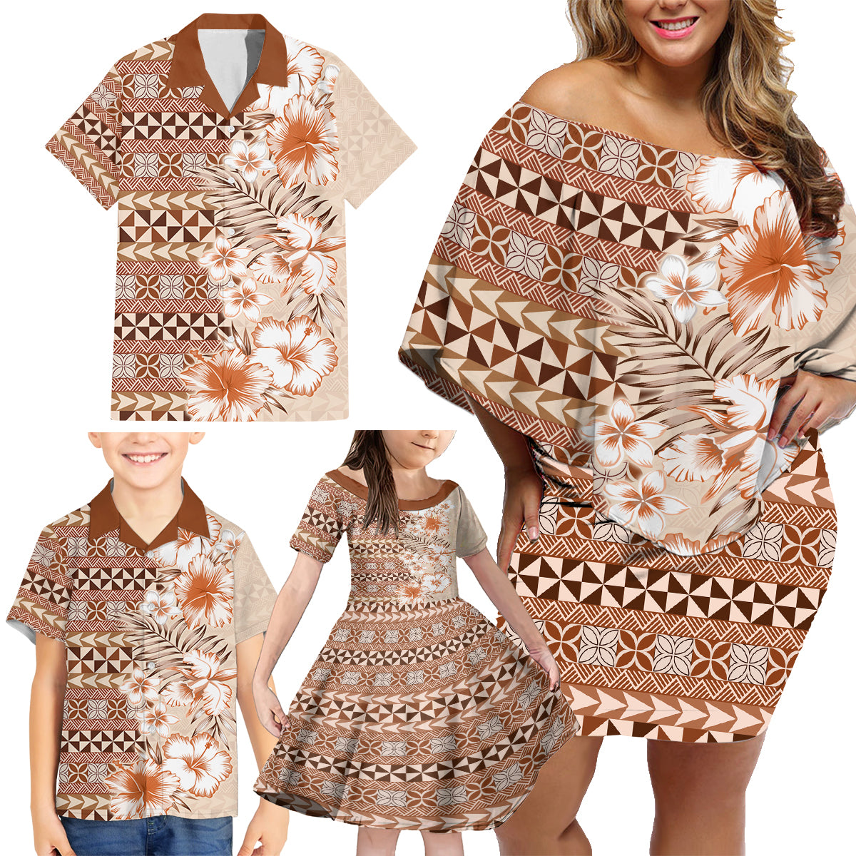 Pasifika Sataoa Pattern Plumeria Vintage Family Matching Off Shoulder Short Dress and Hawaiian Shirt Brown Beige Tan LT9 - Polynesian Pride