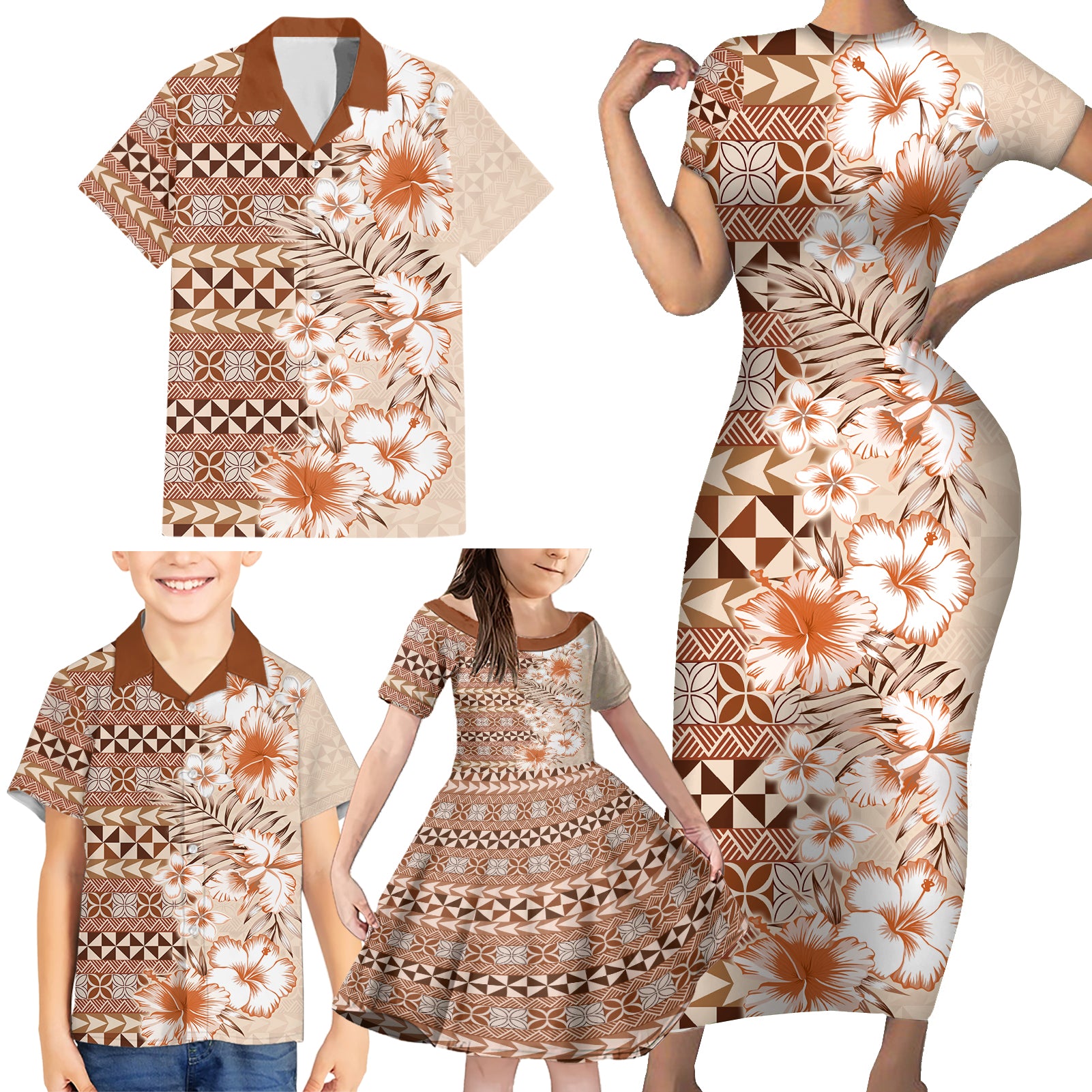 Pasifika Sataoa Pattern Plumeria Vintage Family Matching Short Sleeve Bodycon Dress and Hawaiian Shirt Brown Beige Tan LT9 - Polynesian Pride