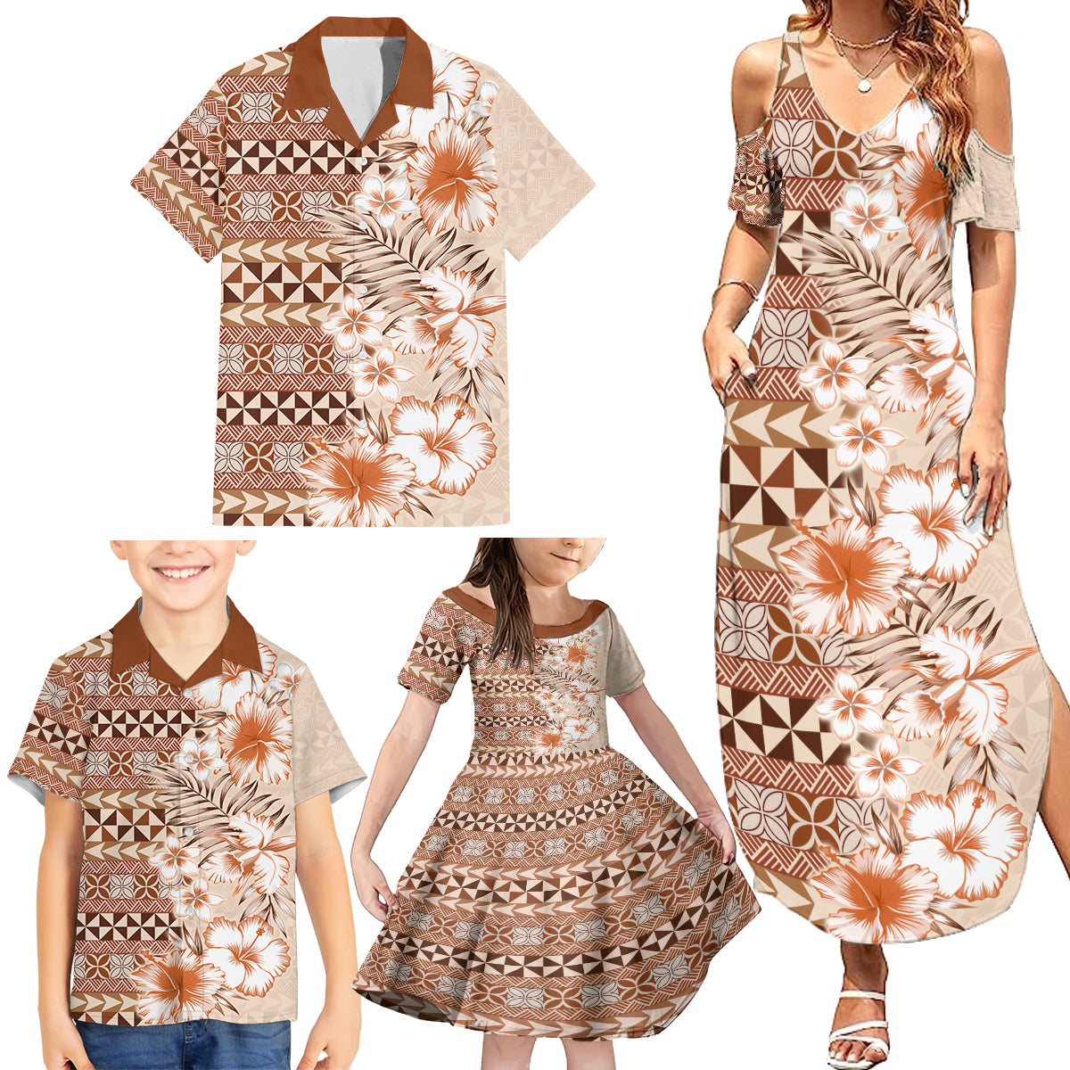 Pasifika Sataoa Pattern Plumeria Vintage Family Matching Summer Maxi Dress and Hawaiian Shirt Brown Beige Tan LT9 - Polynesian Pride