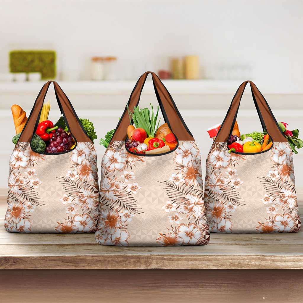 Pasifika Sataoa Pattern Plumeria Vintage Grocery Bag Brown Beige Tan LT9 3-pack One Size Brown - Polynesian Pride