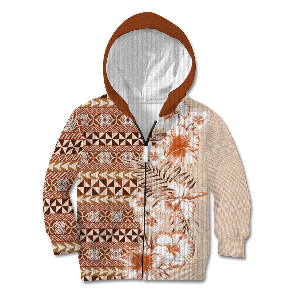 Pasifika Sataoa Pattern Plumeria Vintage Kid Hoodie Brown Beige Tan LT9 Zip Hoodie Brown - Polynesian Pride