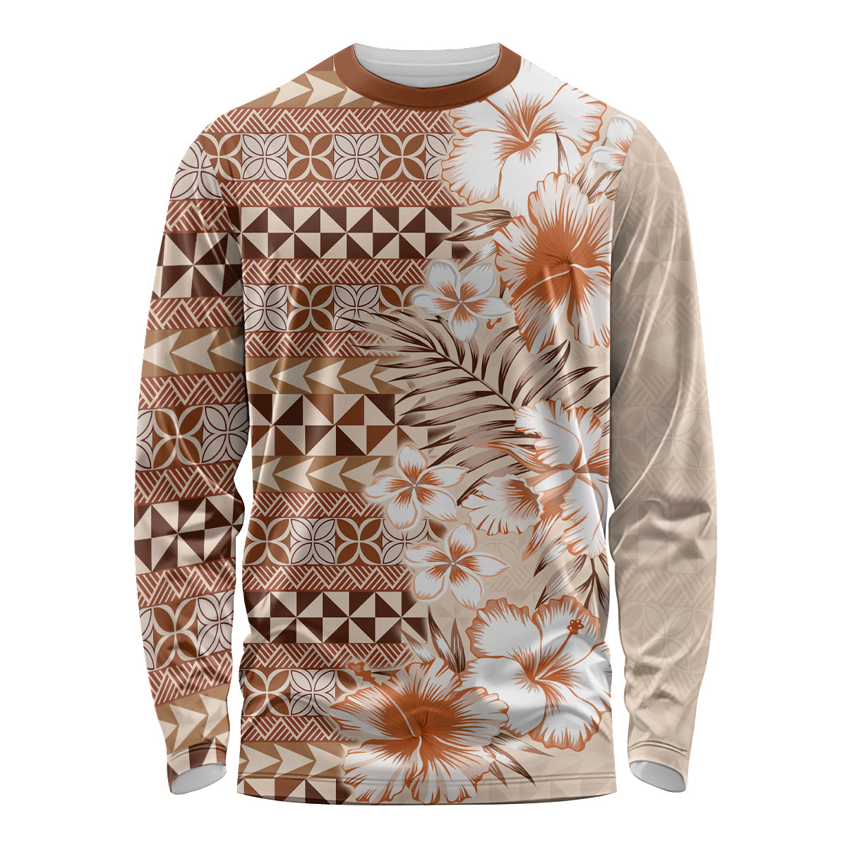 Pasifika Sataoa Pattern Plumeria Vintage Long Sleeve Shirt Brown Beige Tan LT9 Unisex Brown - Polynesian Pride