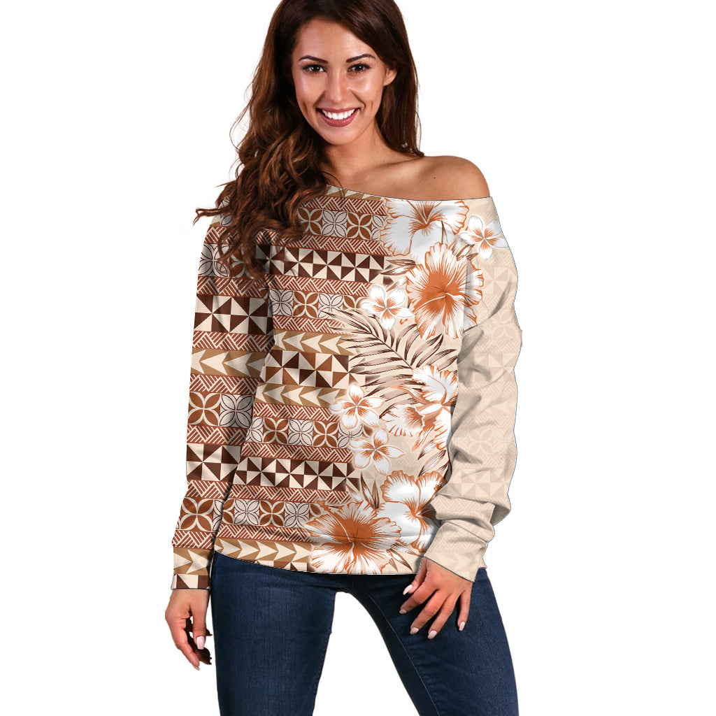 Pasifika Sataoa Pattern Plumeria Vintage Off Shoulder Sweater Brown Beige Tan LT9 Women Brown - Polynesian Pride