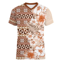 Pasifika Sataoa Pattern Plumeria Vintage Women V Neck T Shirt Brown Beige Tan LT9 Female Brown - Polynesian Pride