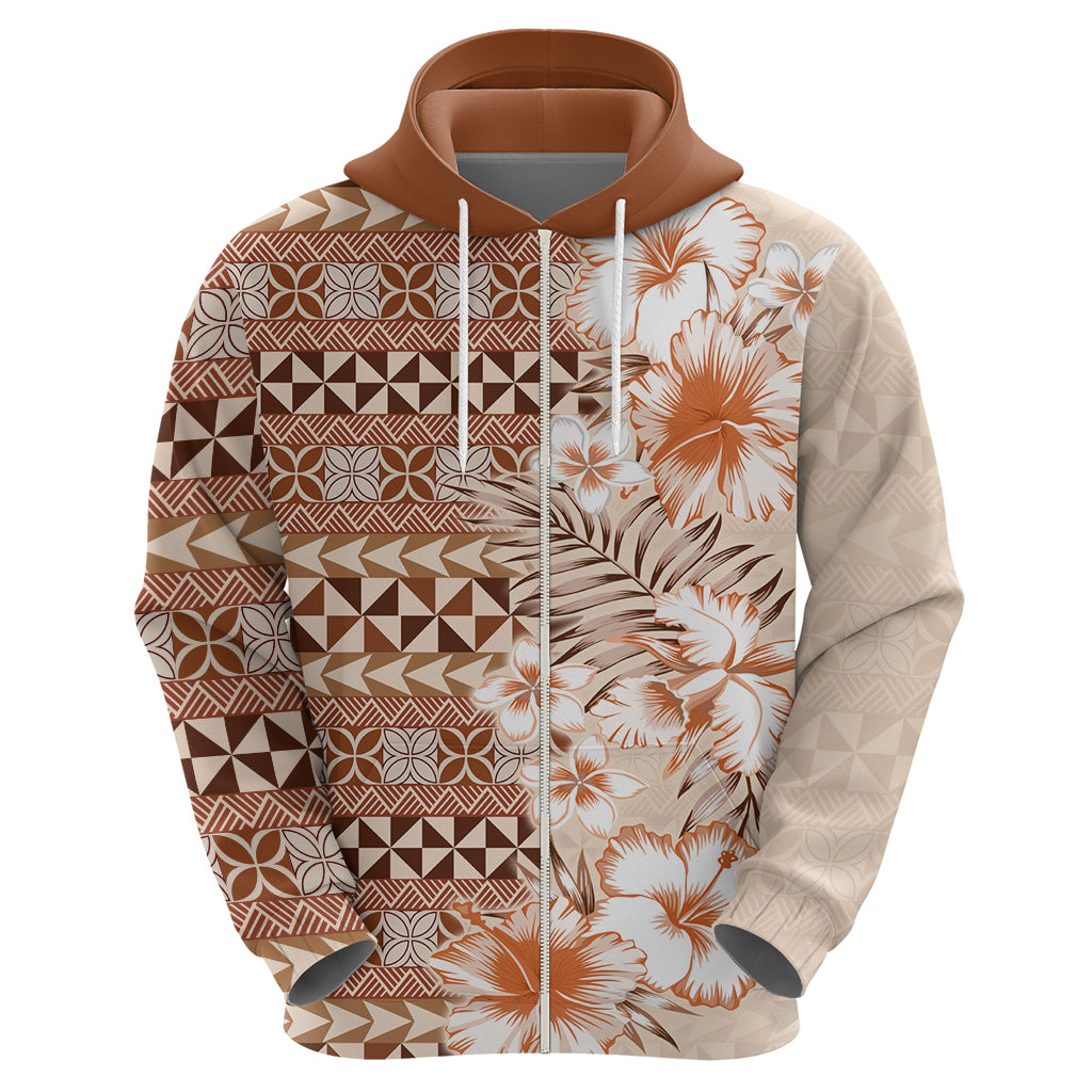 Pasifika Sataoa Pattern Plumeria Vintage Zip Hoodie Brown Beige Tan LT9 - Polynesian Pride
