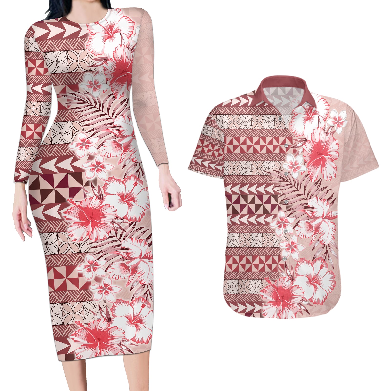 Pasifika Sataoa Pattern Plumeria Vintage Couples Matching Long Sleeve Bodycon Dress and Hawaiian Shirt Cherry LT9 Cherry - Polynesian Pride