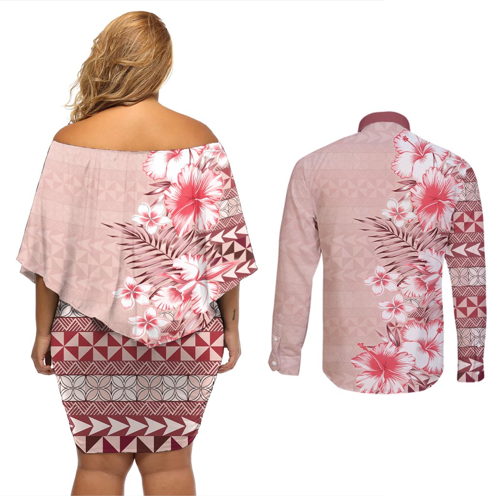 Pasifika Sataoa Pattern Plumeria Vintage Couples Matching Off Shoulder Short Dress and Long Sleeve Button Shirt Cherry LT9 - Polynesian Pride
