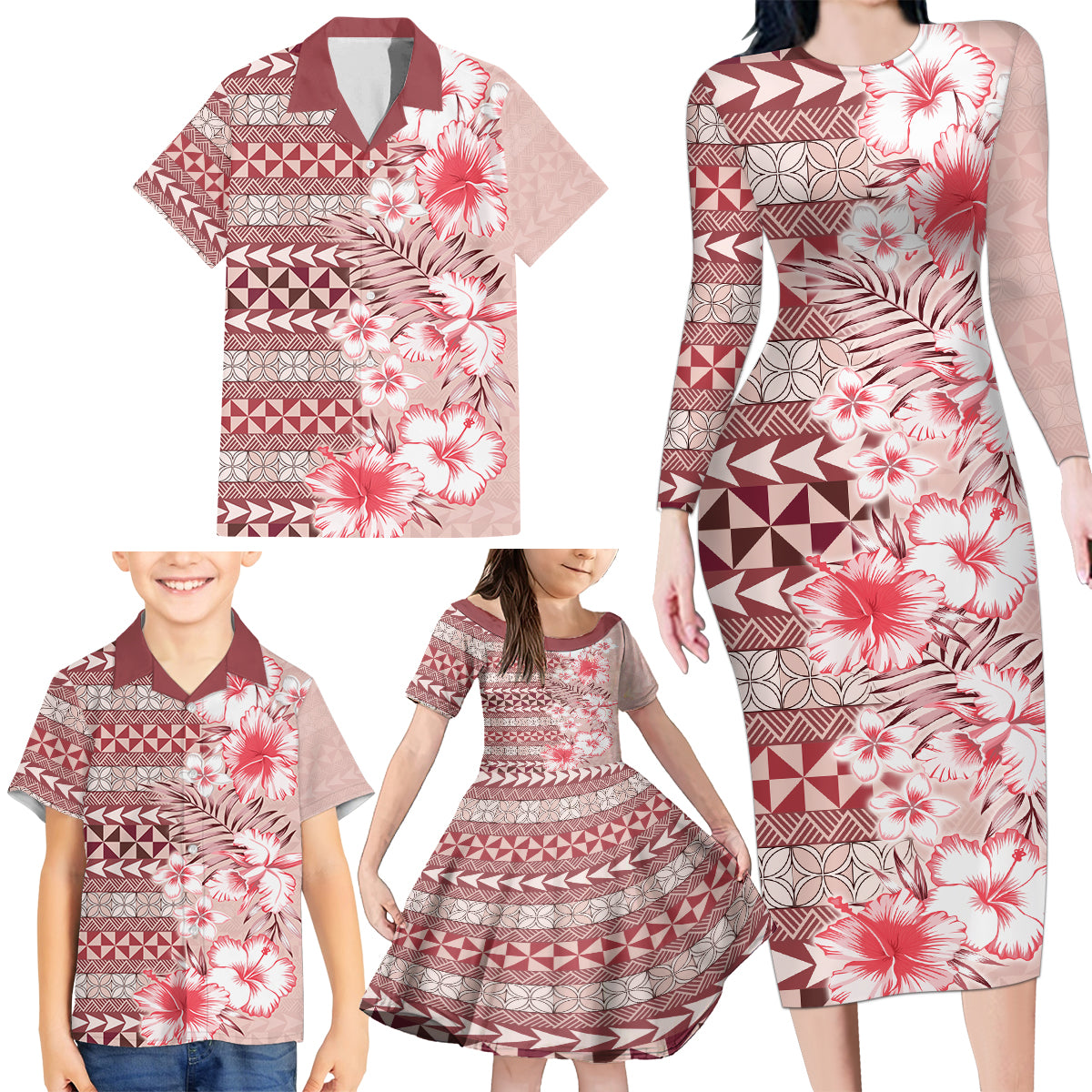 Pasifika Sataoa Pattern Plumeria Vintage Family Matching Long Sleeve Bodycon Dress and Hawaiian Shirt Cherry LT9 - Polynesian Pride