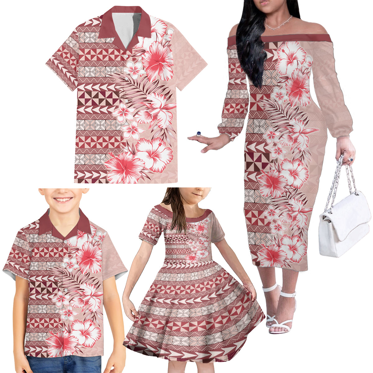 Pasifika Sataoa Pattern Plumeria Vintage Family Matching Off Shoulder Long Sleeve Dress and Hawaiian Shirt Cherry LT9 - Polynesian Pride