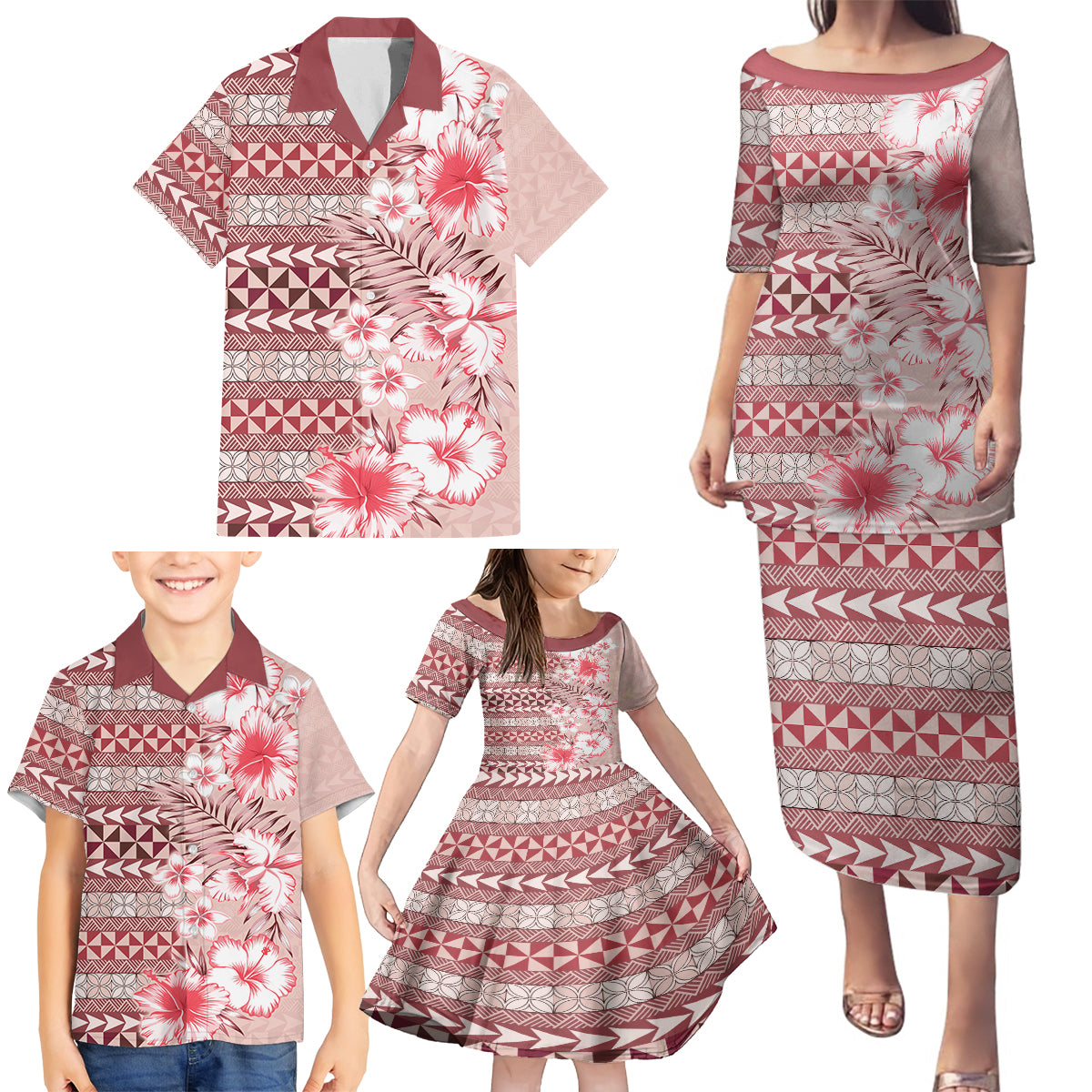 Pasifika Sataoa Pattern Plumeria Vintage Family Matching Puletasi and Hawaiian Shirt Cherry LT9 - Polynesian Pride