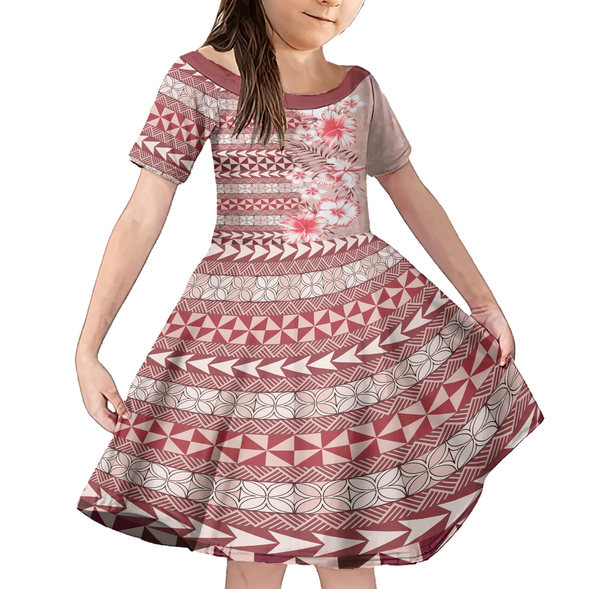 Pasifika Sataoa Pattern Plumeria Vintage Family Matching Short Sleeve Bodycon Dress and Hawaiian Shirt Cherry LT9 Daughter's Dress Cherry - Polynesian Pride