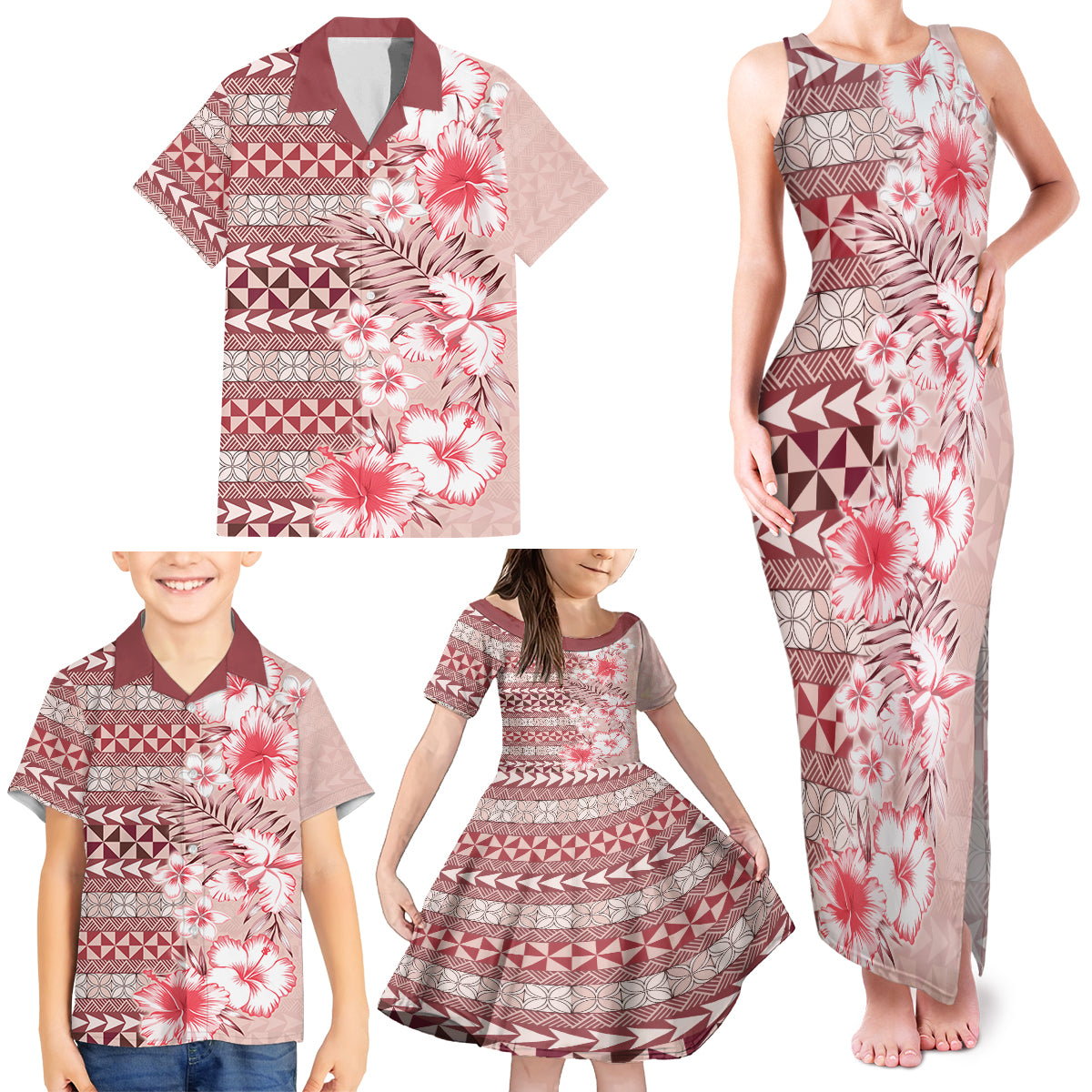 Pasifika Sataoa Pattern Plumeria Vintage Family Matching Tank Maxi Dress and Hawaiian Shirt Cherry LT9 - Polynesian Pride